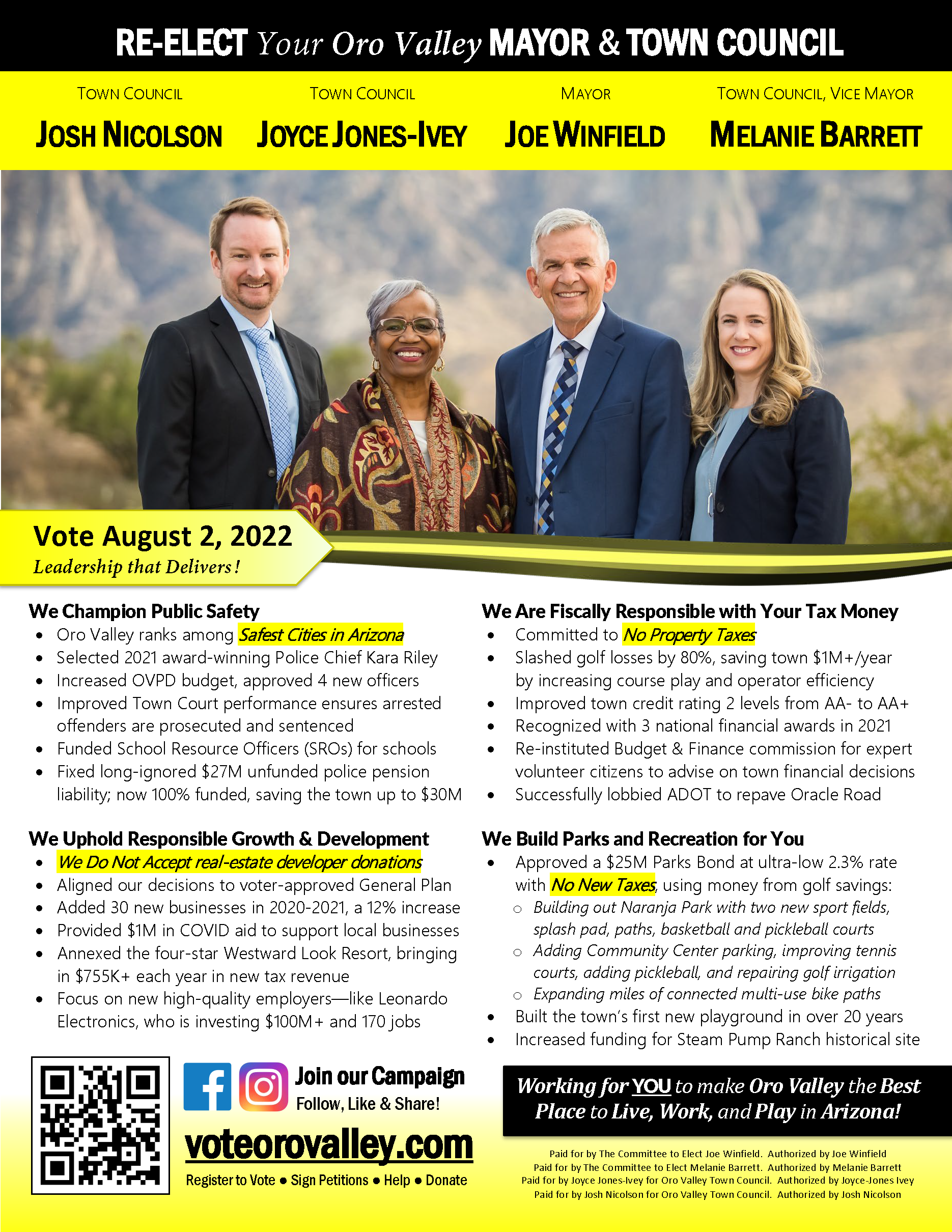 Re-elect Winfield, Barrett, Jones-Ivey and Nicolson to Oro Valley Town Council